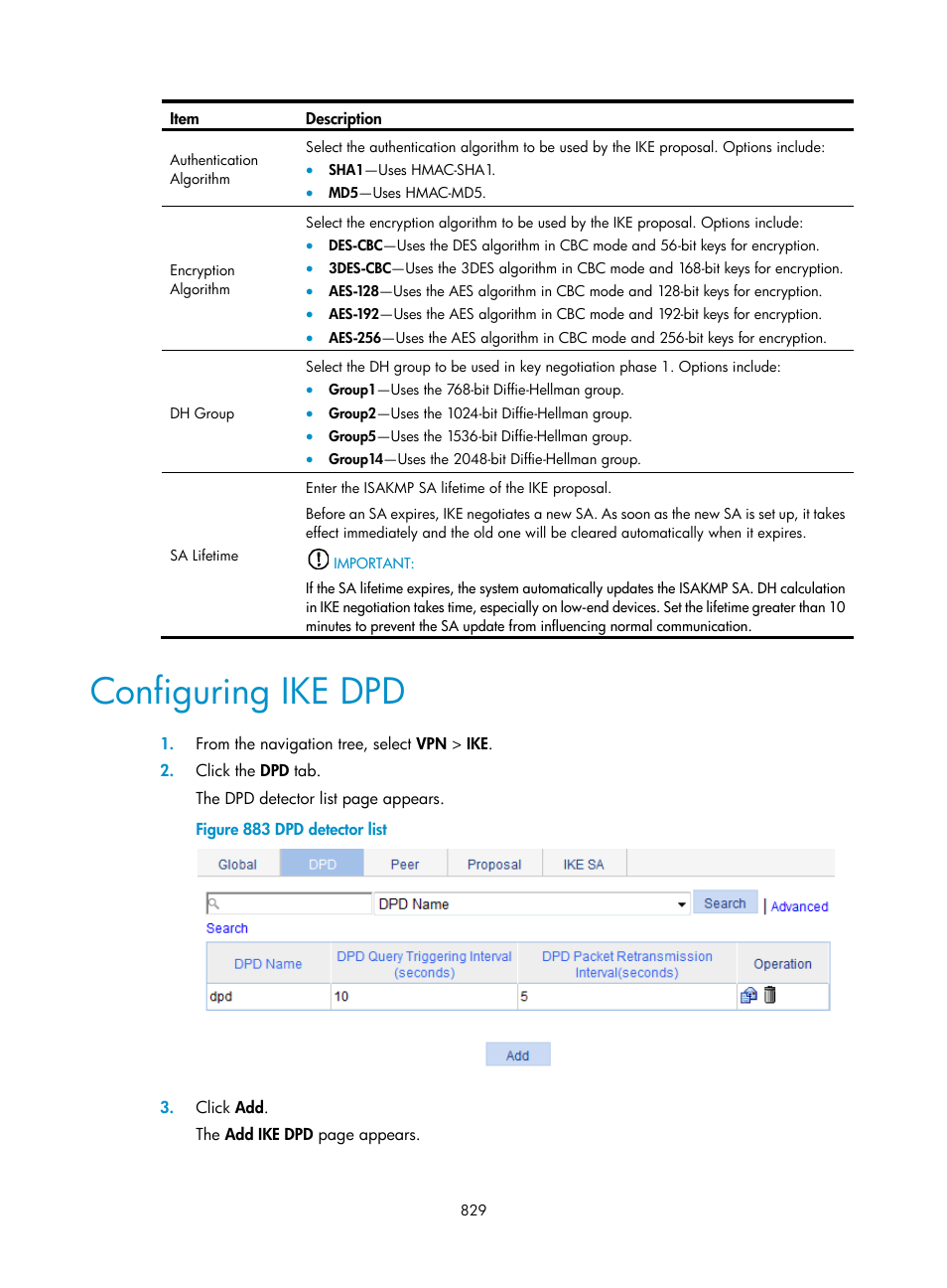 Configuring ike dpd | H3C Technologies H3C WX3000E Series Wireless Switches User Manual | Page 850 / 965