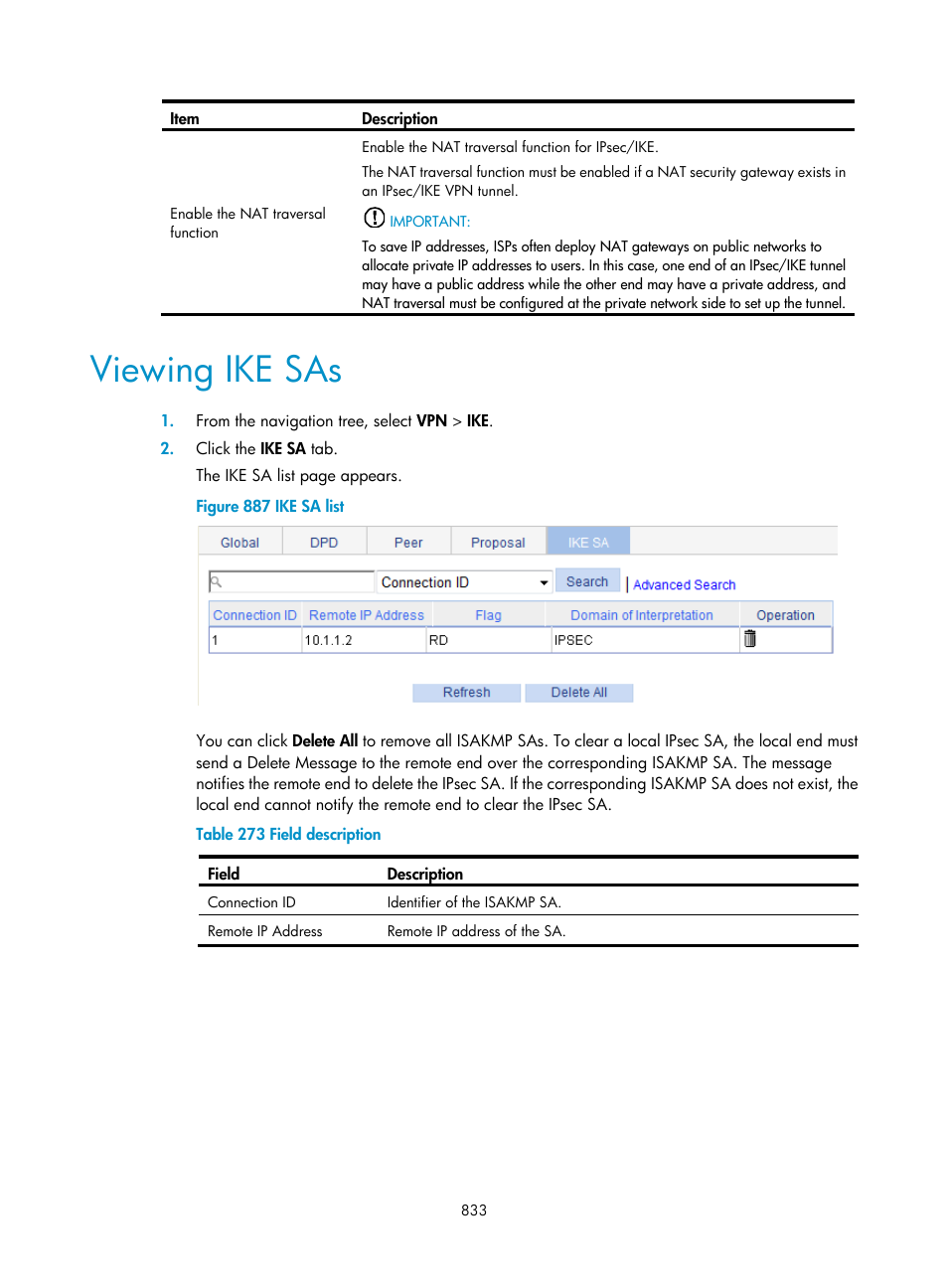 Viewing ike sas | H3C Technologies H3C WX3000E Series Wireless Switches User Manual | Page 854 / 965