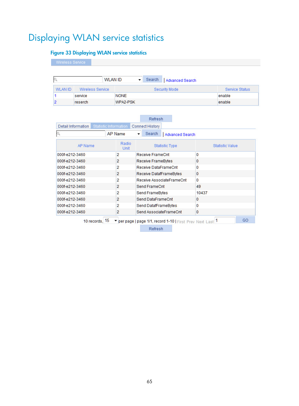 Displaying wlan service statistics | H3C Technologies H3C WX3000E Series Wireless Switches User Manual | Page 86 / 965