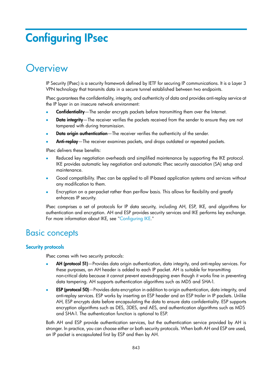 Configuring ipsec, Overview, Basic concepts | Security protocols | H3C Technologies H3C WX3000E Series Wireless Switches User Manual | Page 864 / 965