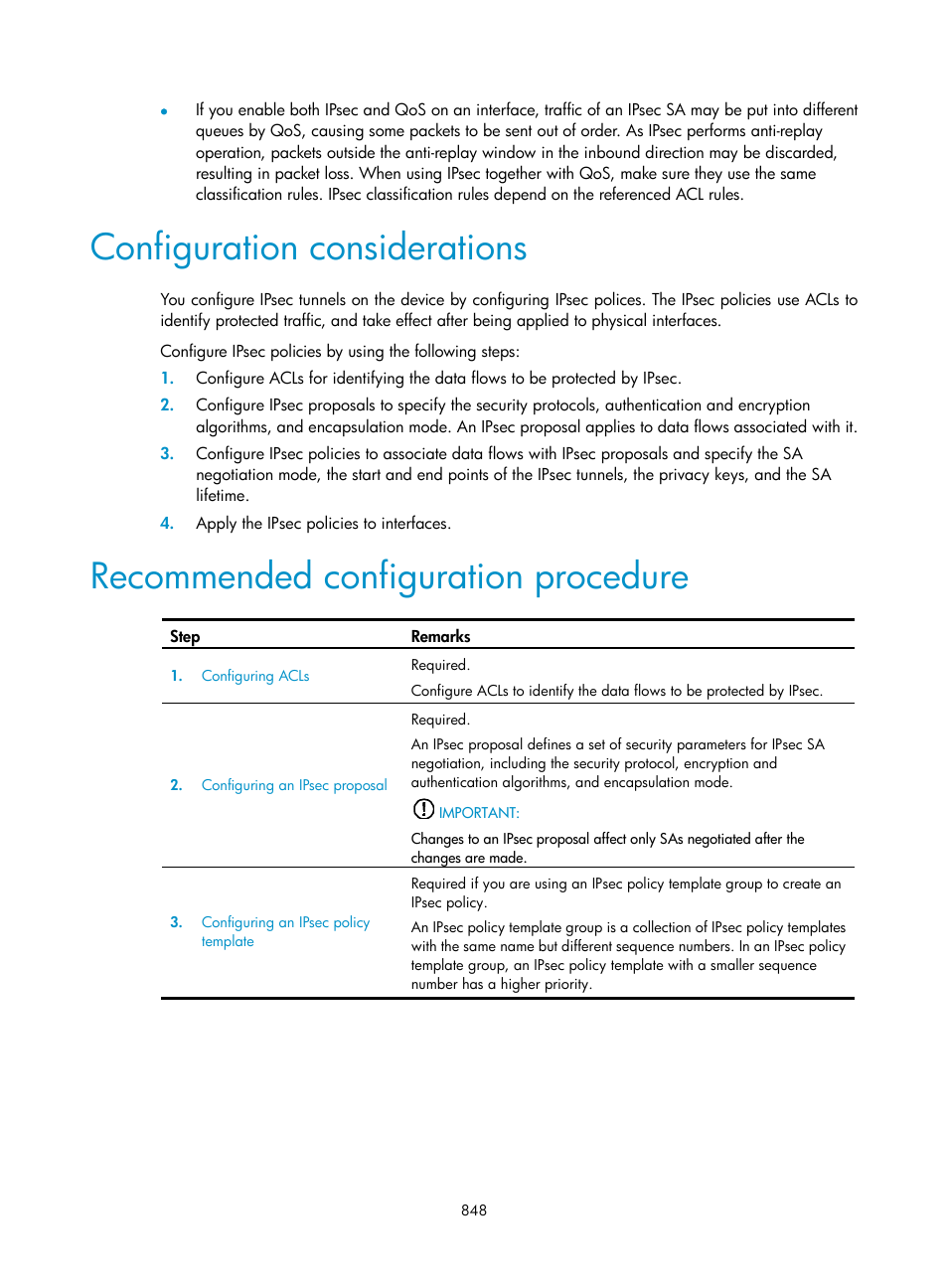 Configuration considerations, Recommended configuration procedure | H3C Technologies H3C WX3000E Series Wireless Switches User Manual | Page 869 / 965