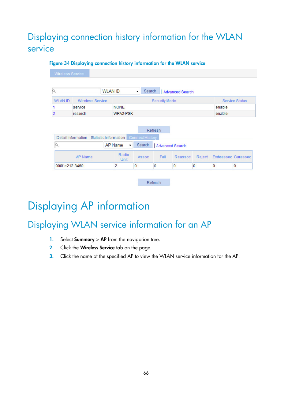 Displaying ap information, Displaying wlan service information for an ap | H3C Technologies H3C WX3000E Series Wireless Switches User Manual | Page 87 / 965