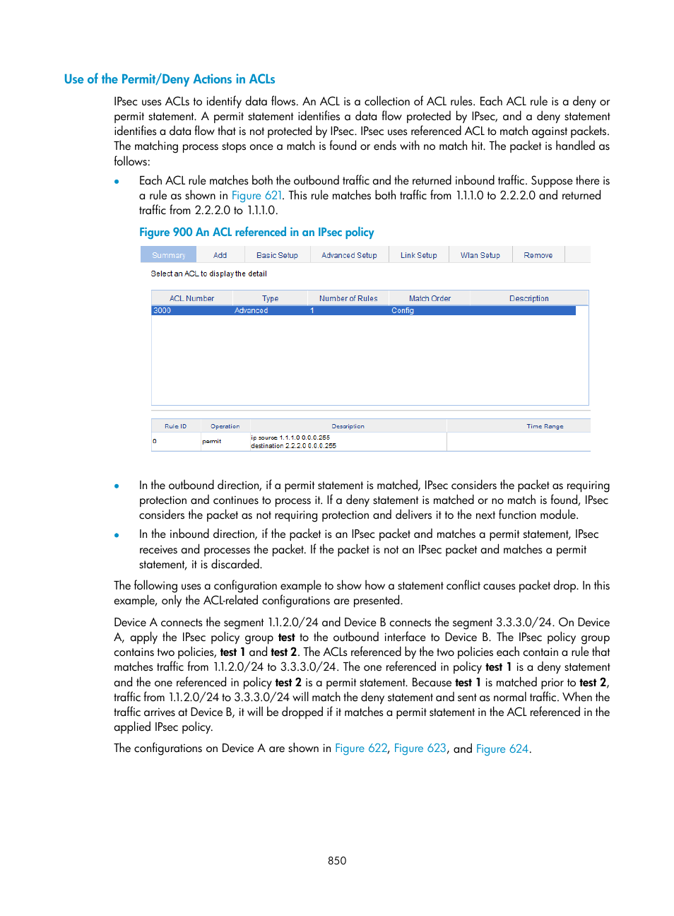 Use of the permit/deny actions in acls | H3C Technologies H3C WX3000E Series Wireless Switches User Manual | Page 871 / 965