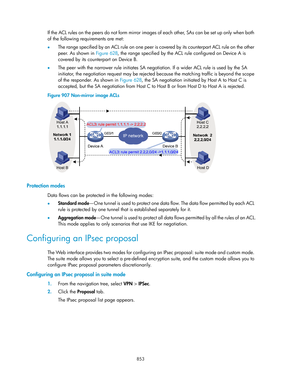 Protection modes, Configuring an ipsec proposal, Configuring an ipsec proposal in suite mode | H3C Technologies H3C WX3000E Series Wireless Switches User Manual | Page 874 / 965