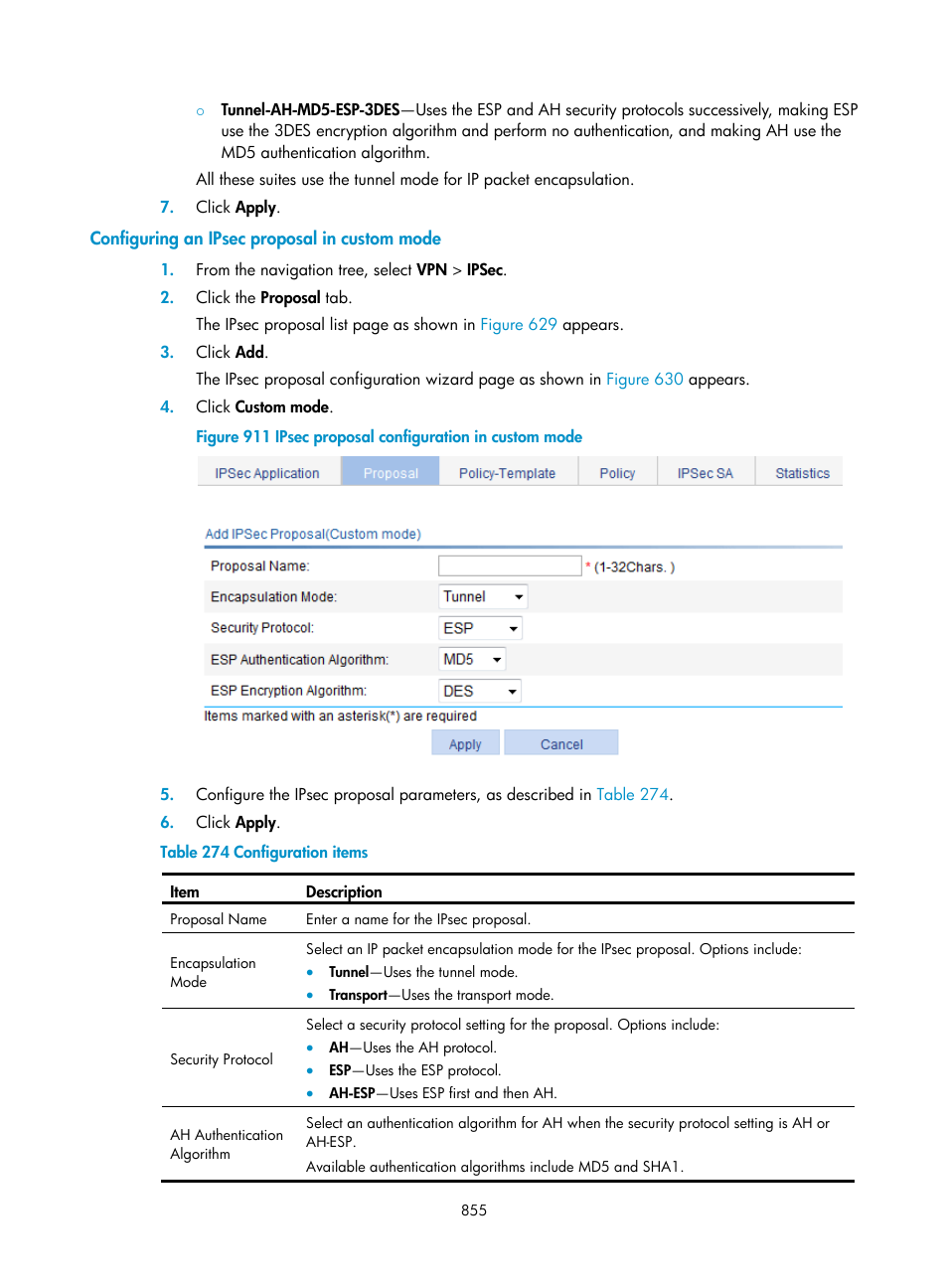 Configuring an ipsec proposal in custom mode | H3C Technologies H3C WX3000E Series Wireless Switches User Manual | Page 876 / 965