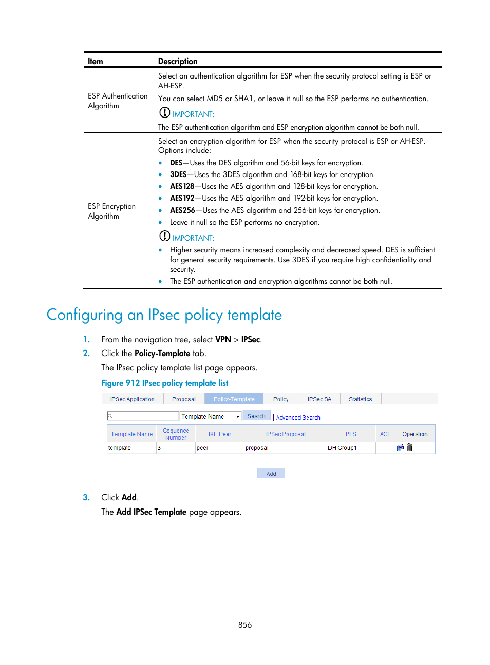 Configuring an ipsec policy template, Configuring an ipsec policy, Template | H3C Technologies H3C WX3000E Series Wireless Switches User Manual | Page 877 / 965
