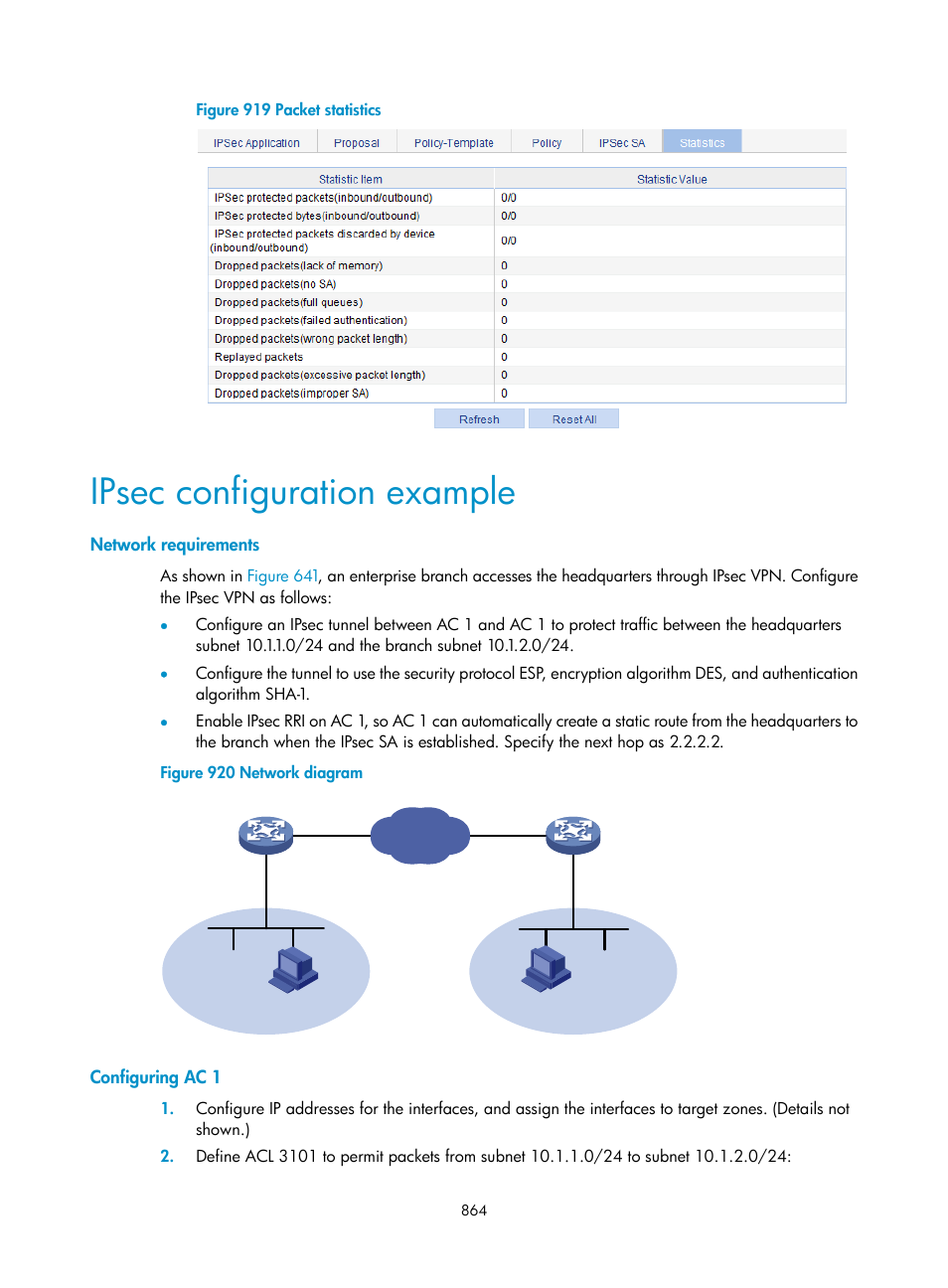 Ipsec configuration example, Network requirements, Configuring ac 1 | H3C Technologies H3C WX3000E Series Wireless Switches User Manual | Page 885 / 965