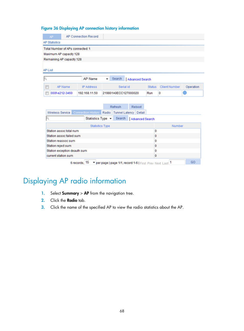 Displaying ap radio information | H3C Technologies H3C WX3000E Series Wireless Switches User Manual | Page 89 / 965