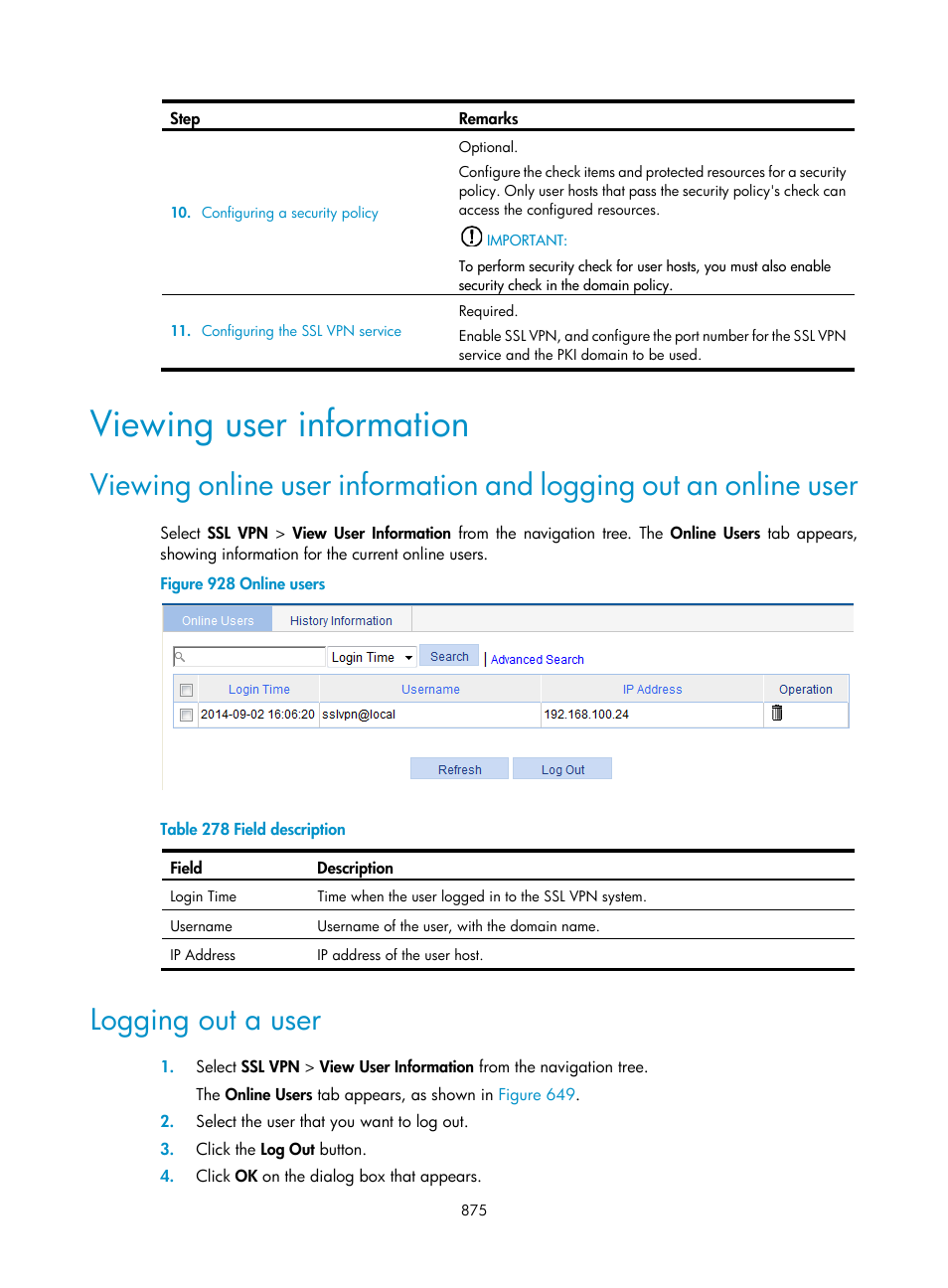 Viewing user information, Logging out a user | H3C Technologies H3C WX3000E Series Wireless Switches User Manual | Page 896 / 965