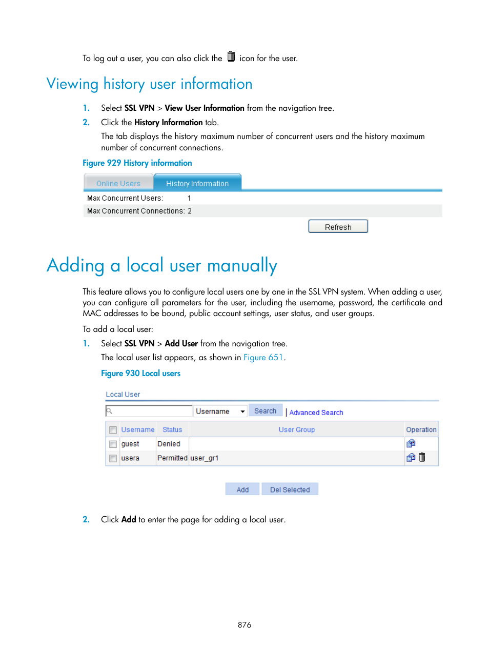 Viewing history user information, Adding a local user manually | H3C Technologies H3C WX3000E Series Wireless Switches User Manual | Page 897 / 965