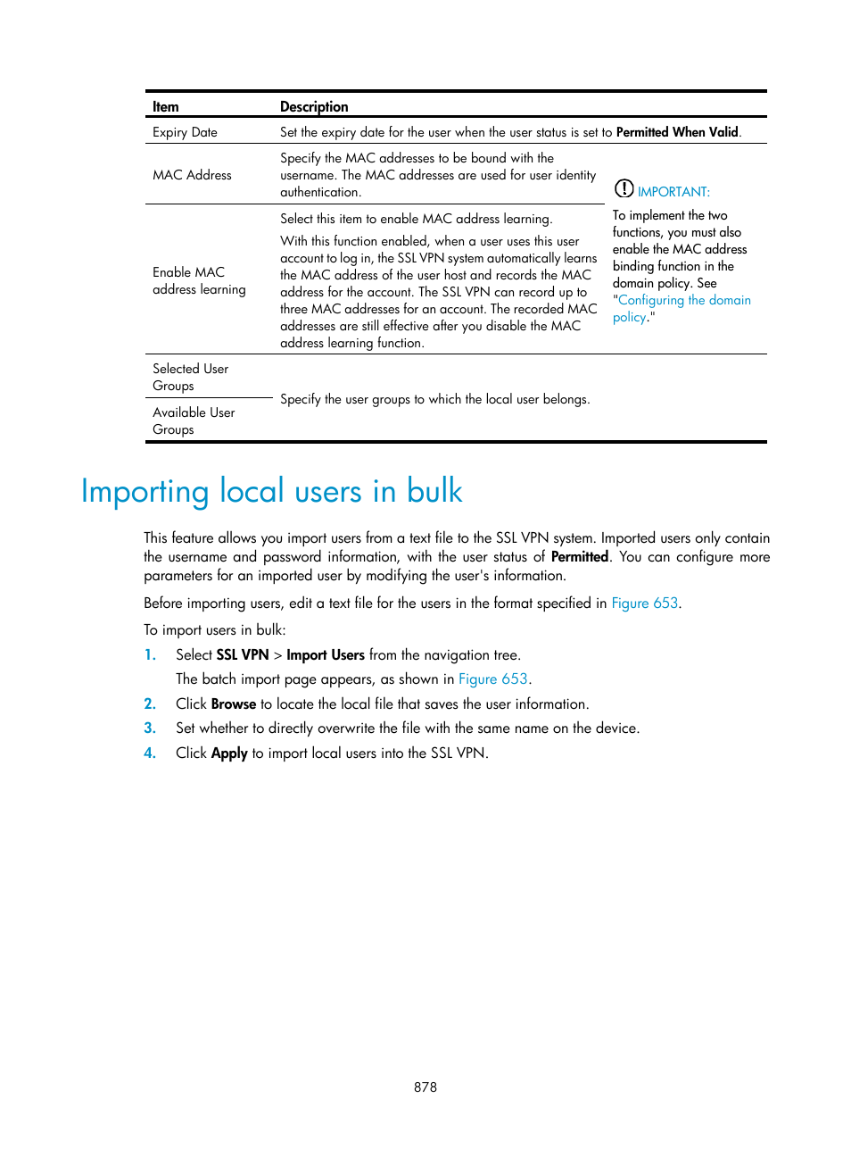 Importing local users in bulk | H3C Technologies H3C WX3000E Series Wireless Switches User Manual | Page 899 / 965