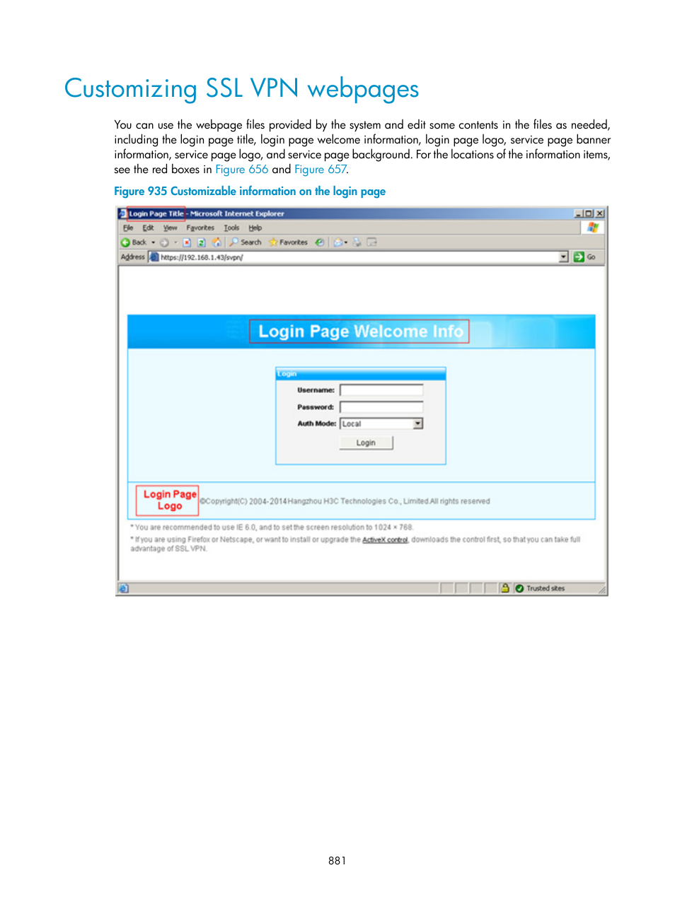 Customizing ssl vpn webpages | H3C Technologies H3C WX3000E Series Wireless Switches User Manual | Page 902 / 965