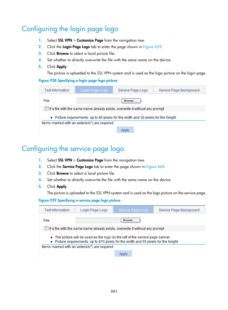 Configuring the login page logo, Configuring the service page logo | H3C Technologies H3C WX3000E Series Wireless Switches User Manual | Page 904 / 965