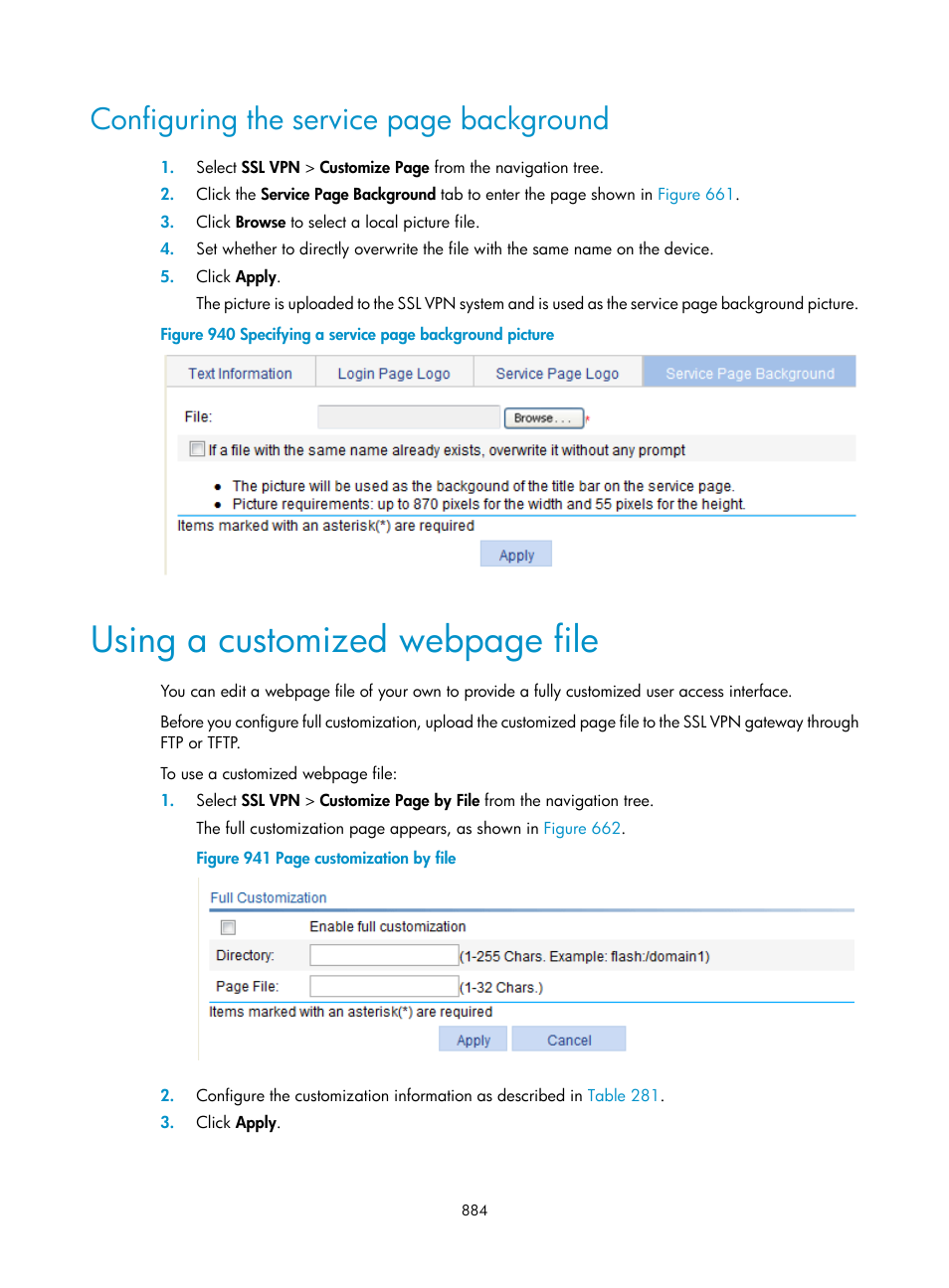 Using a customized webpage file, Configuring the service page background | H3C Technologies H3C WX3000E Series Wireless Switches User Manual | Page 905 / 965