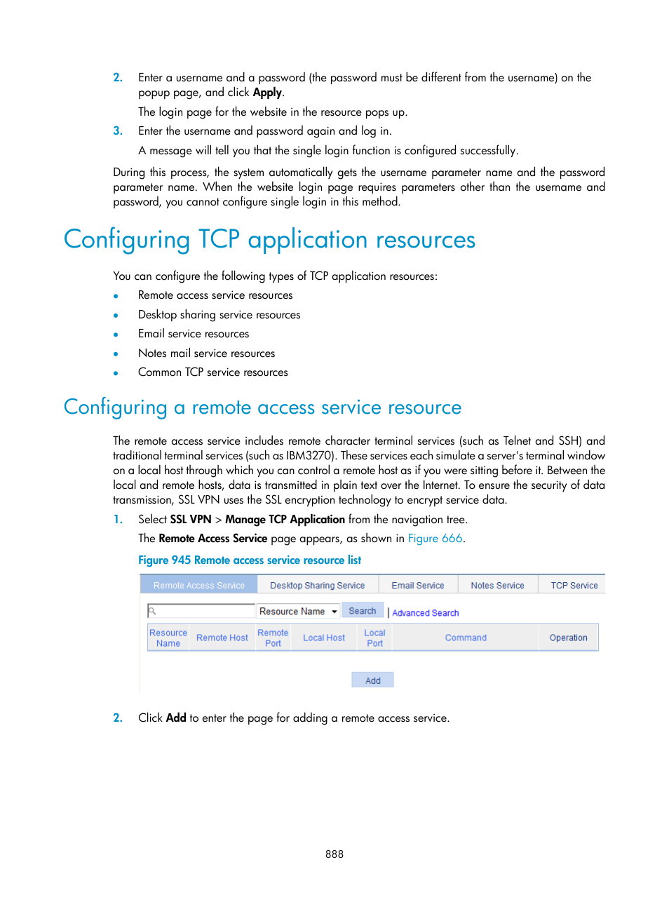 Configuring tcp application resources, Configuring a remote access service resource, Configuring tcp application | Resources | H3C Technologies H3C WX3000E Series Wireless Switches User Manual | Page 909 / 965