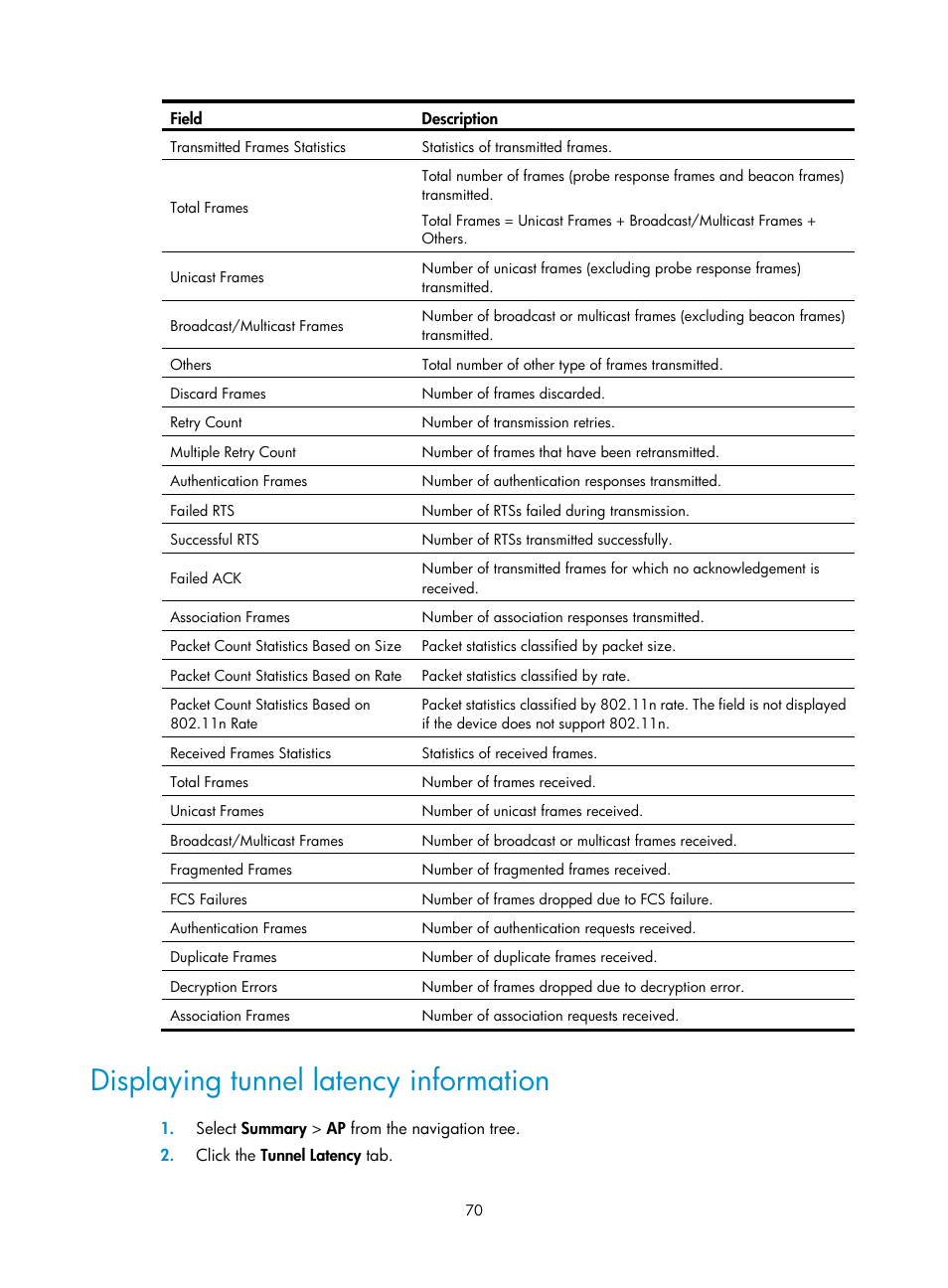 Displaying tunnel latency information | H3C Technologies H3C WX3000E Series Wireless Switches User Manual | Page 91 / 965