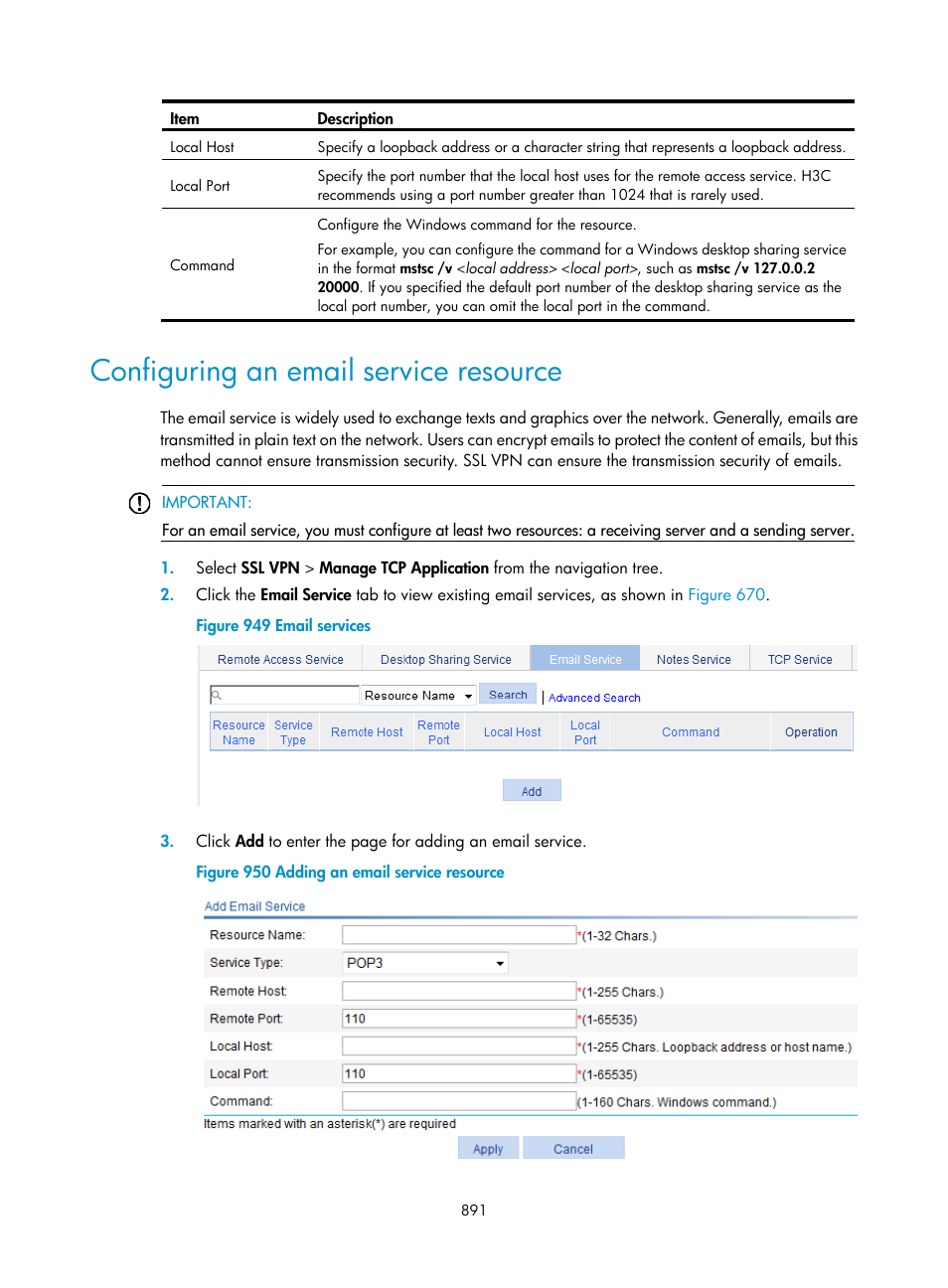 Configuring an email service resource | H3C Technologies H3C WX3000E Series Wireless Switches User Manual | Page 912 / 965