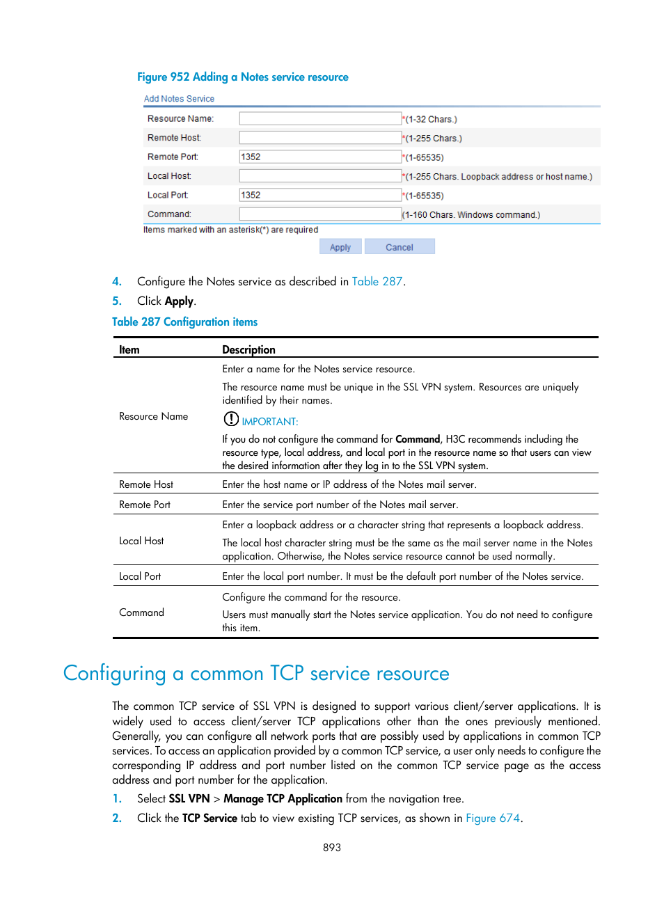 Configuring a common tcp service resource | H3C Technologies H3C WX3000E Series Wireless Switches User Manual | Page 914 / 965