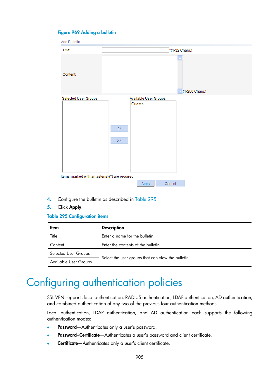 Configuring authentication policies | H3C Technologies H3C WX3000E Series Wireless Switches User Manual | Page 926 / 965