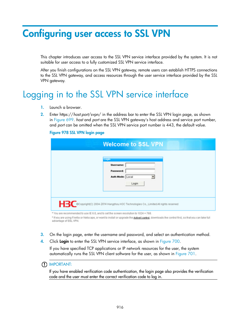 Configuring user access to ssl vpn, Logging in to the ssl vpn service interface | H3C Technologies H3C WX3000E Series Wireless Switches User Manual | Page 937 / 965