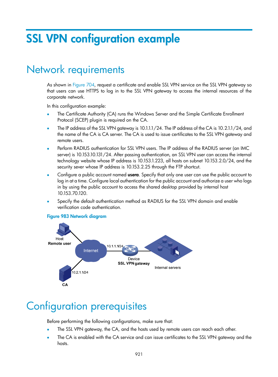 Ssl vpn configuration example, Network requirements, Configuration prerequisites | H3C Technologies H3C WX3000E Series Wireless Switches User Manual | Page 942 / 965