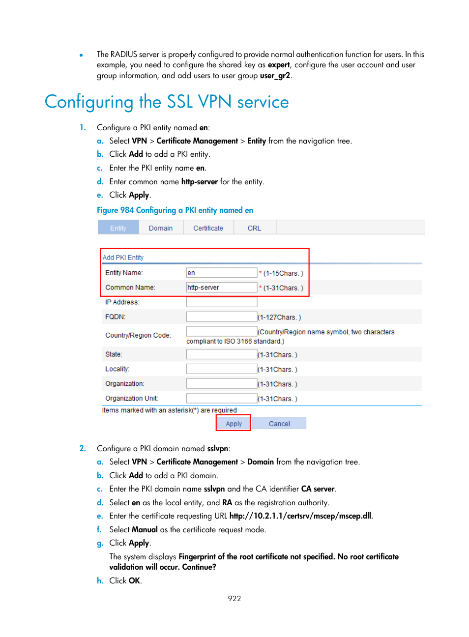 Configuring the ssl vpn service | H3C Technologies H3C WX3000E Series Wireless Switches User Manual | Page 943 / 965