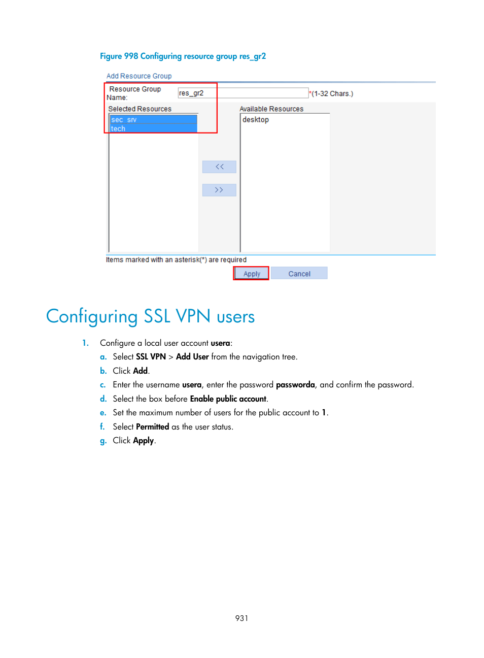 Configuring ssl vpn users | H3C Technologies H3C WX3000E Series Wireless Switches User Manual | Page 952 / 965