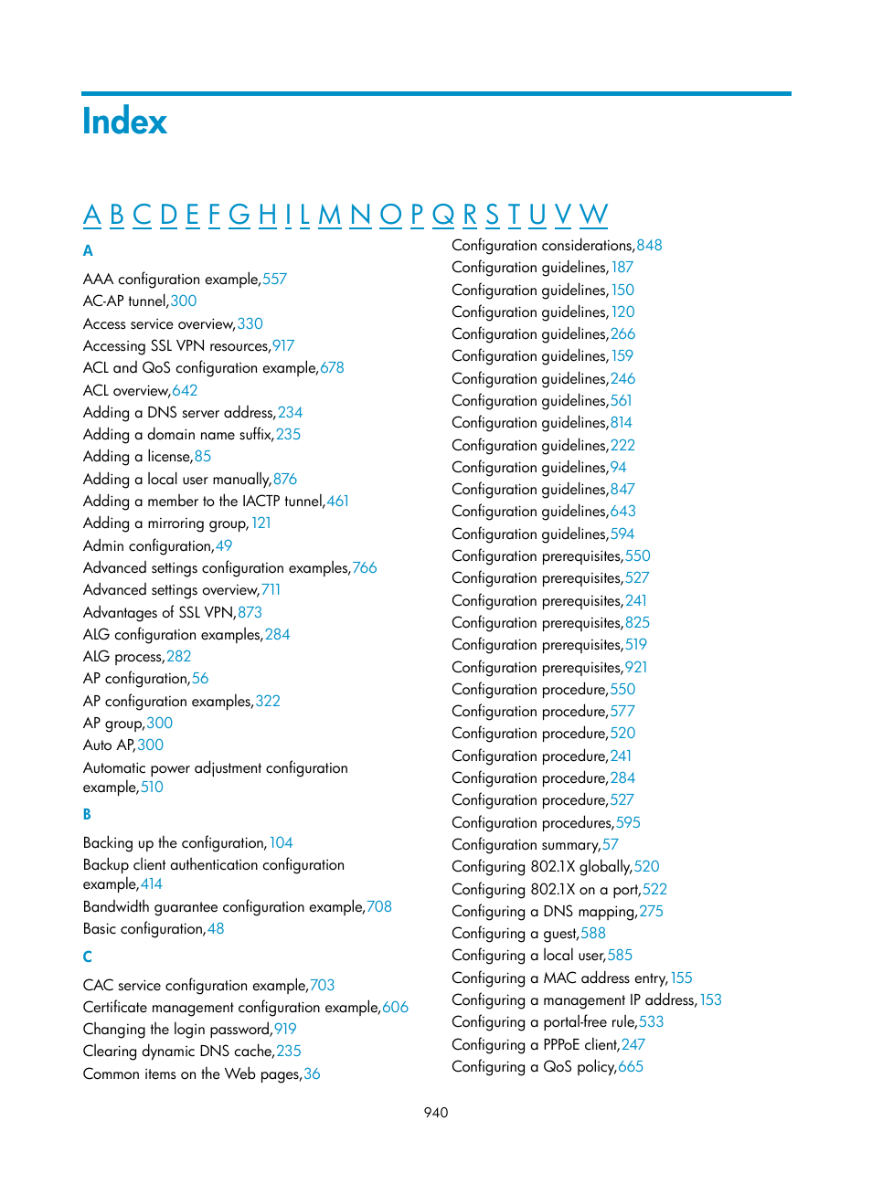 Index | H3C Technologies H3C WX3000E Series Wireless Switches User Manual | Page 961 / 965
