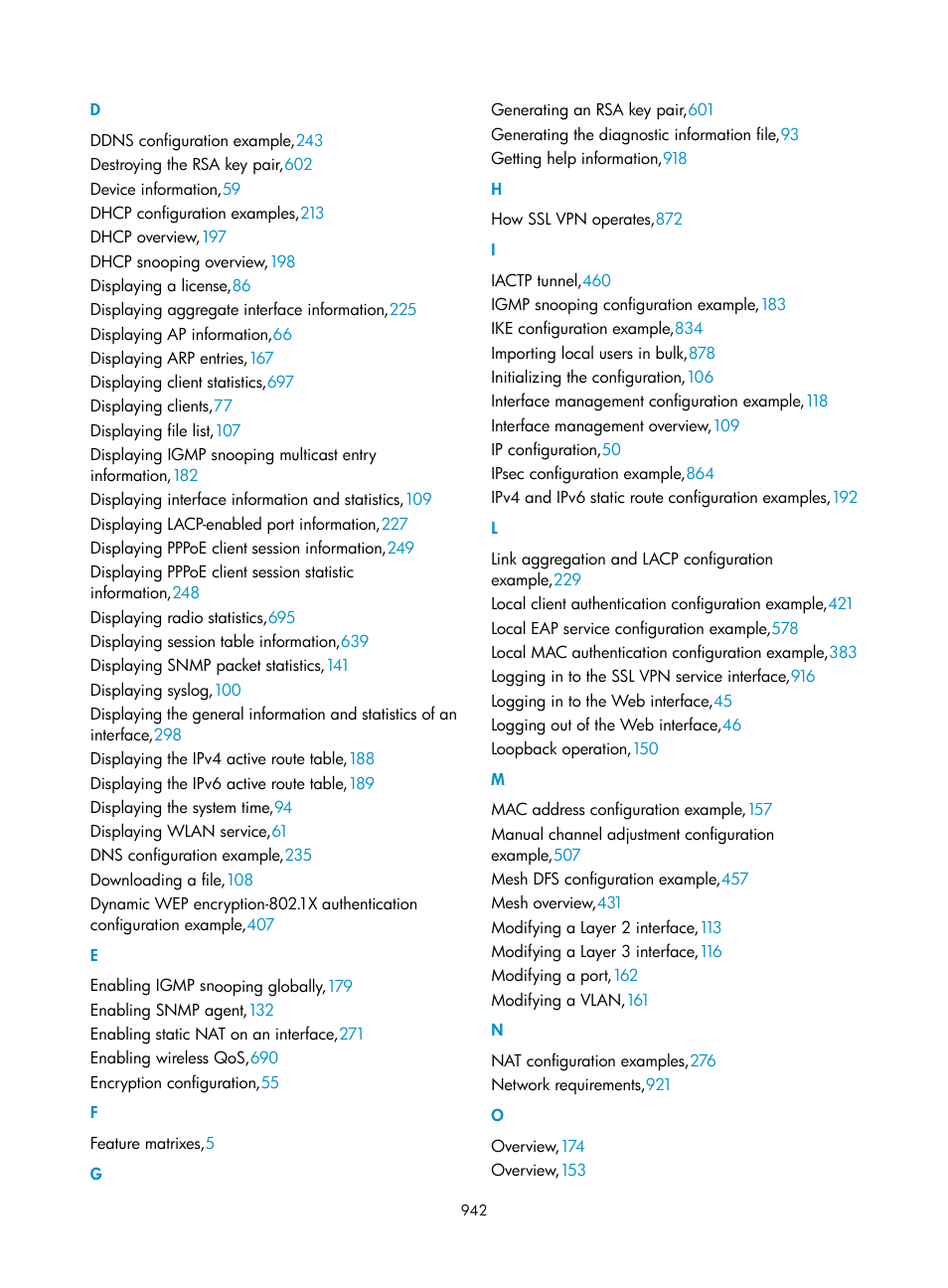 D e f g h i, L m n o | H3C Technologies H3C WX3000E Series Wireless Switches User Manual | Page 963 / 965