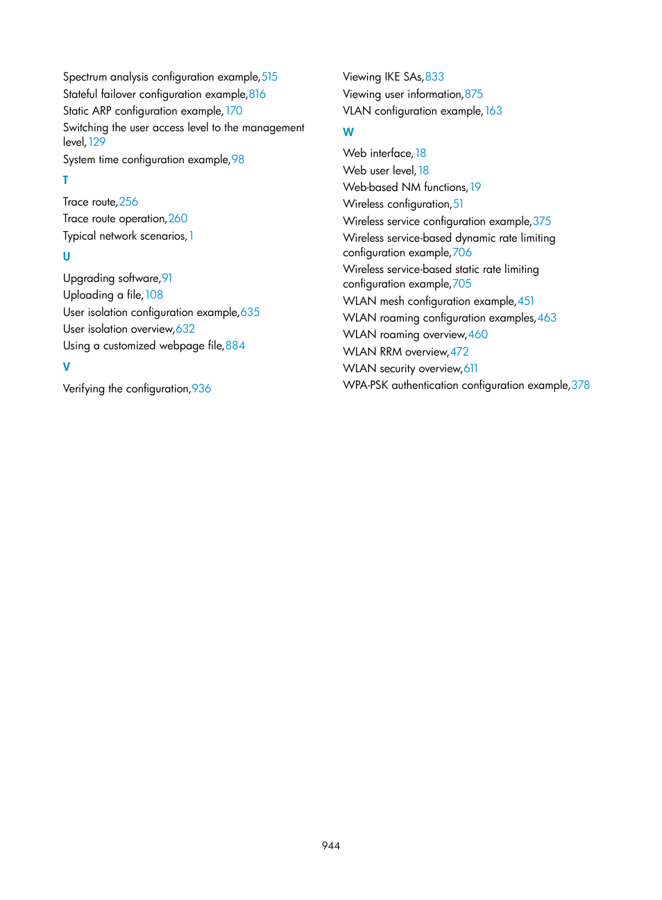 T u v w | H3C Technologies H3C WX3000E Series Wireless Switches User Manual | Page 965 / 965