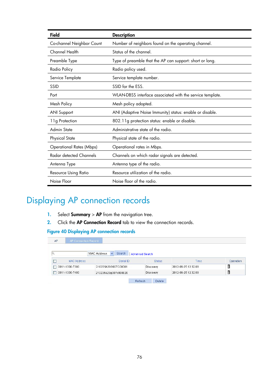 Displaying ap connection records | H3C Technologies H3C WX3000E Series Wireless Switches User Manual | Page 97 / 965