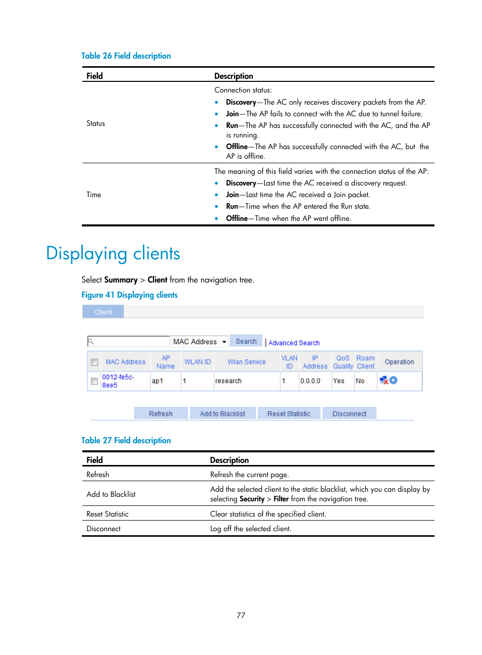 Displaying clients | H3C Technologies H3C WX3000E Series Wireless Switches User Manual | Page 98 / 965