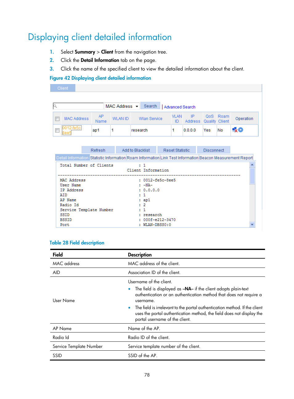 Displaying client detailed information | H3C Technologies H3C WX3000E Series Wireless Switches User Manual | Page 99 / 965
