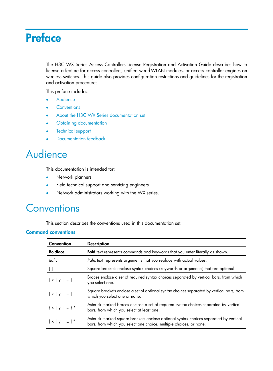 Preface, Audience, Conventions | Command conventions | H3C Technologies H3C WX3000E Series Wireless Switches User Manual | Page 3 / 17