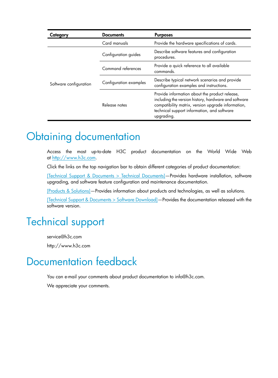 Obtaining documentation, Technical support, Documentation feedback | H3C Technologies H3C WX3000E Series Wireless Switches User Manual | Page 5 / 17