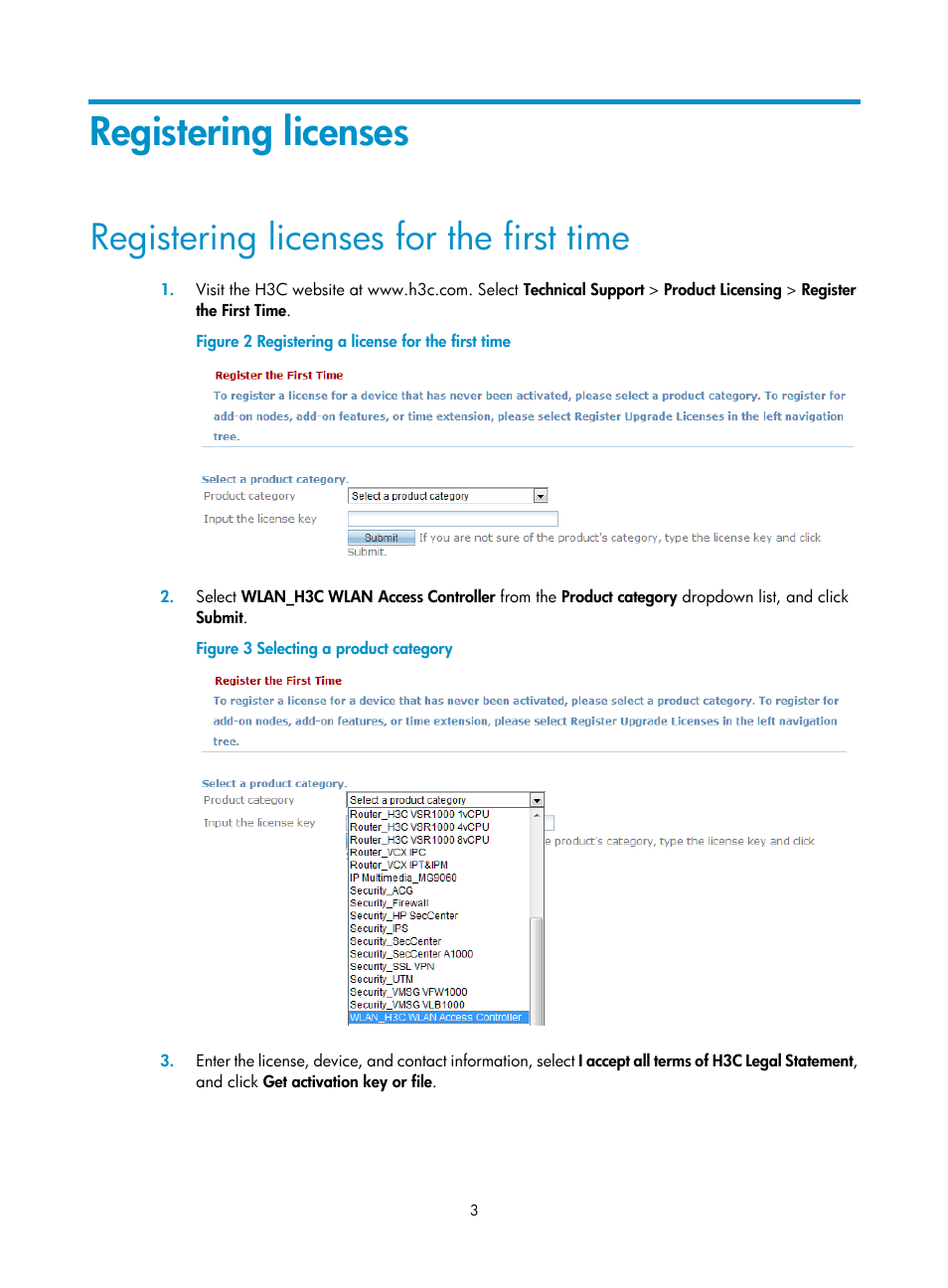 Registering licenses, Registering licenses for the first time | H3C Technologies H3C WX3000E Series Wireless Switches User Manual | Page 9 / 17
