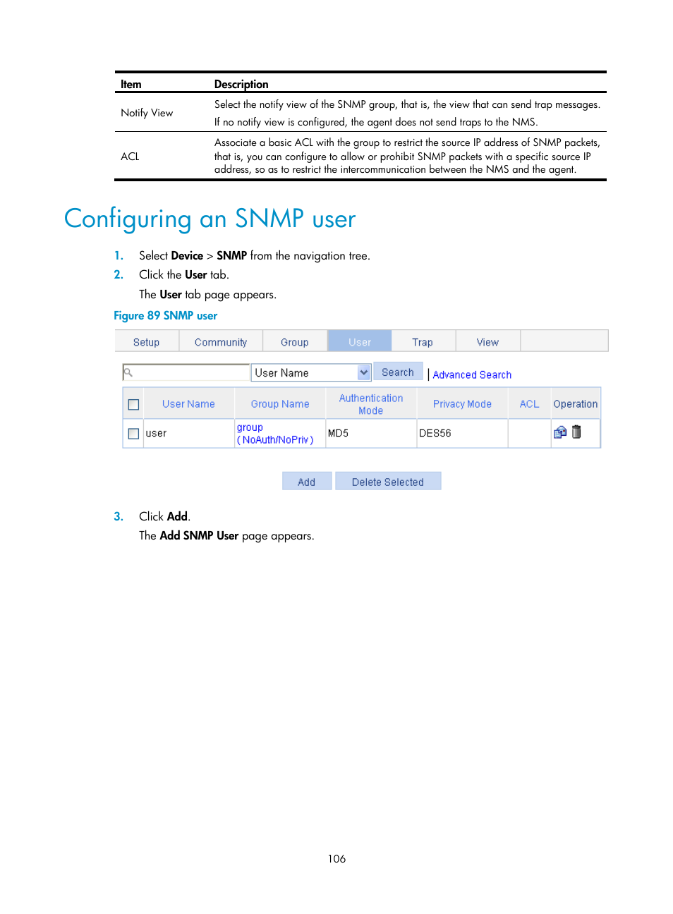 Configuring an snmp user | H3C Technologies H3C WX3000E Series Wireless Switches User Manual | Page 119 / 459