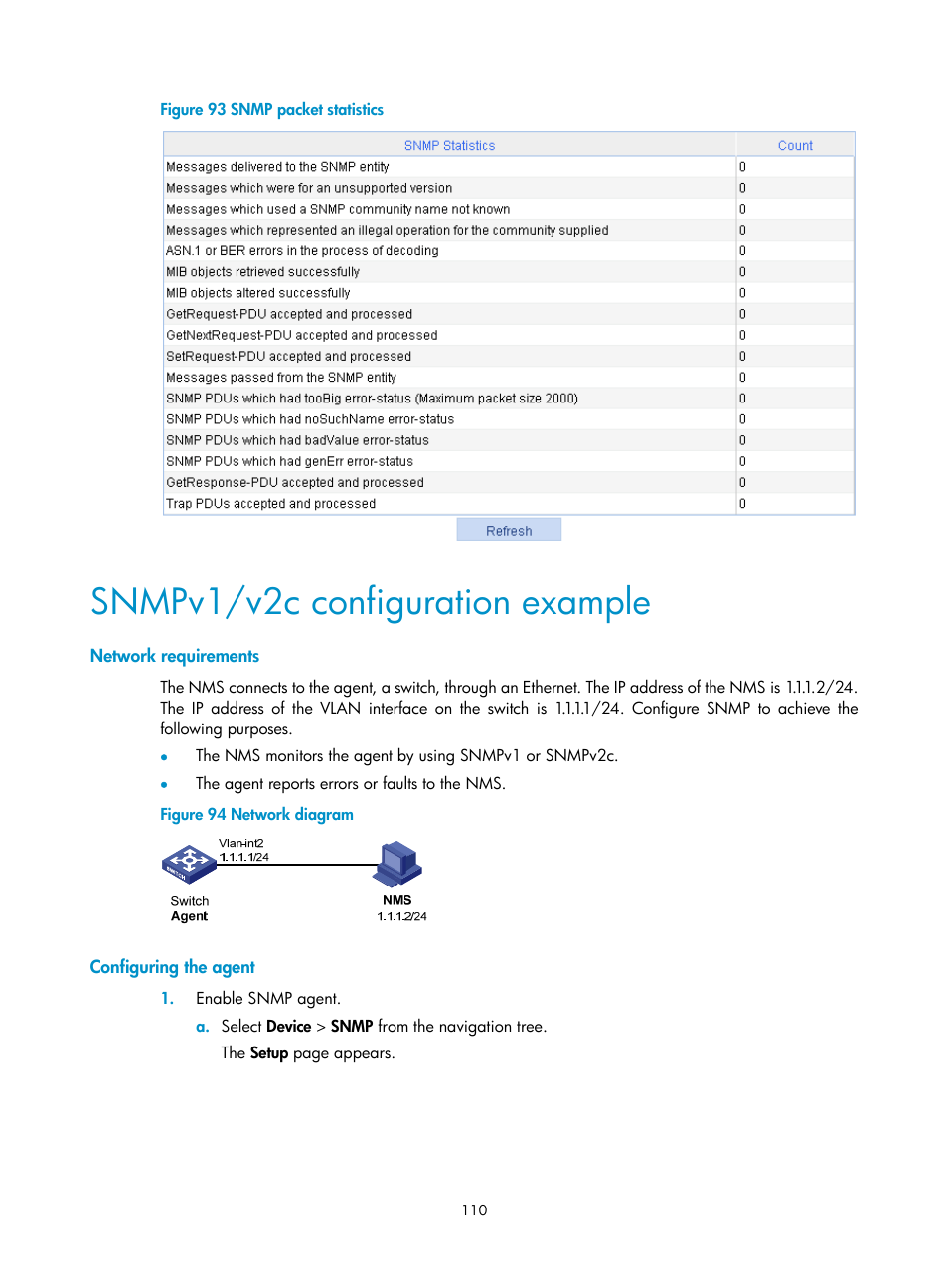 Snmpv1/v2c configuration example, Network requirements, Configuring the agent | H3C Technologies H3C WX3000E Series Wireless Switches User Manual | Page 123 / 459