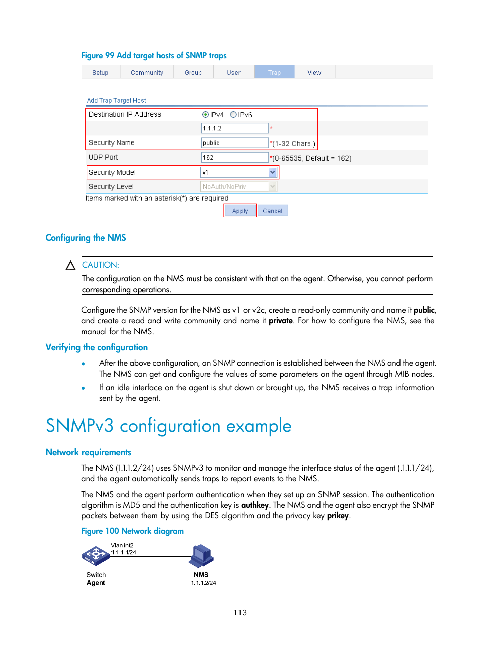 Configuring the nms, Verifying the configuration, Snmpv3 configuration example | Network requirements | H3C Technologies H3C WX3000E Series Wireless Switches User Manual | Page 126 / 459