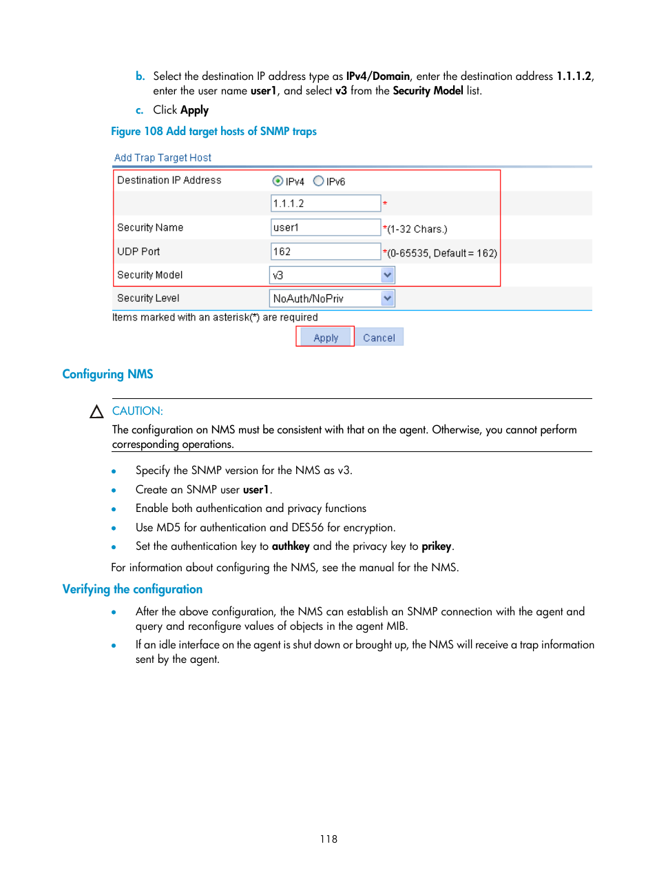 Configuring nms, Verifying the configuration | H3C Technologies H3C WX3000E Series Wireless Switches User Manual | Page 131 / 459