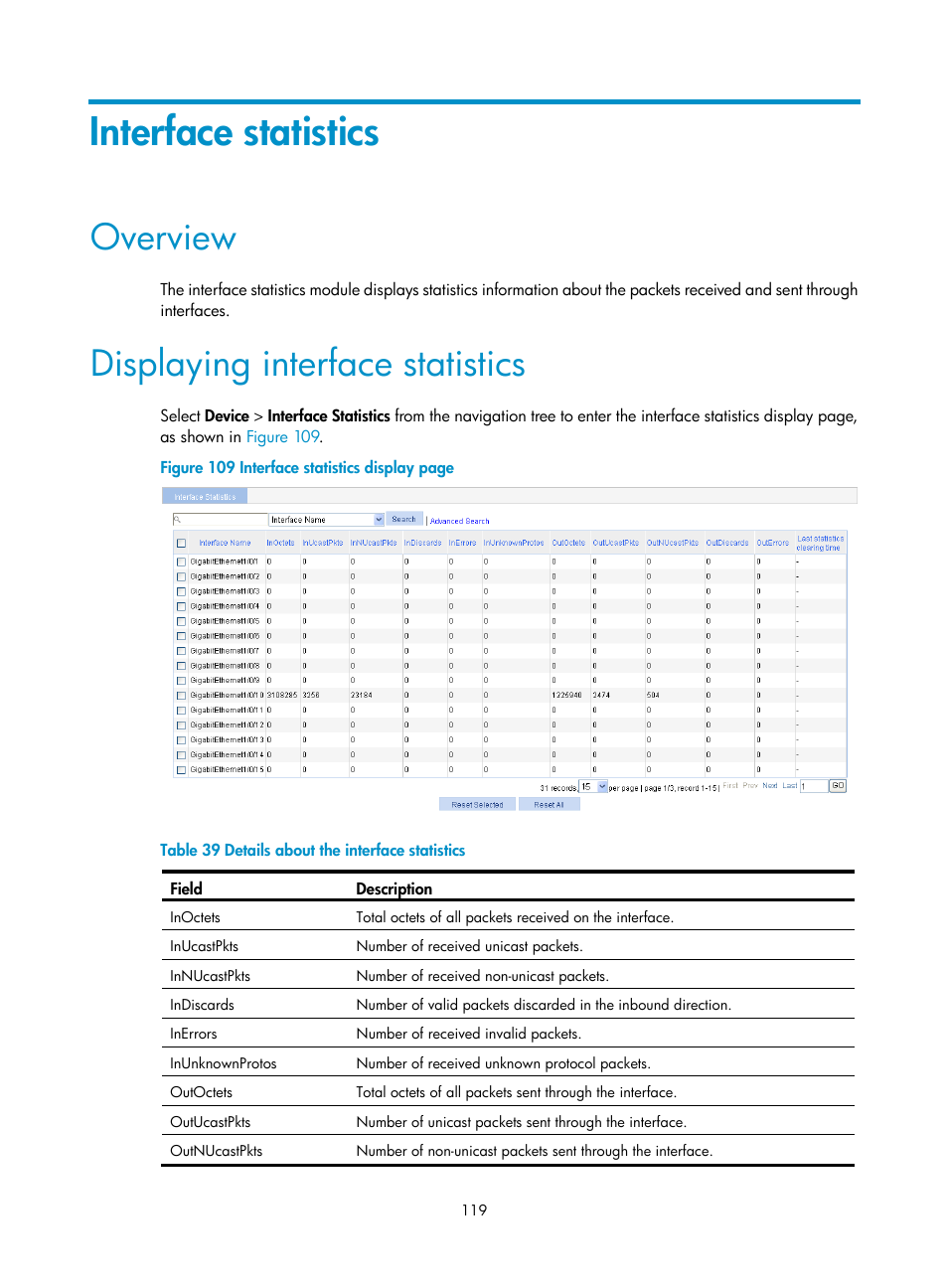 Interface statistics, Overview, Displaying interface statistics | H3C Technologies H3C WX3000E Series Wireless Switches User Manual | Page 132 / 459