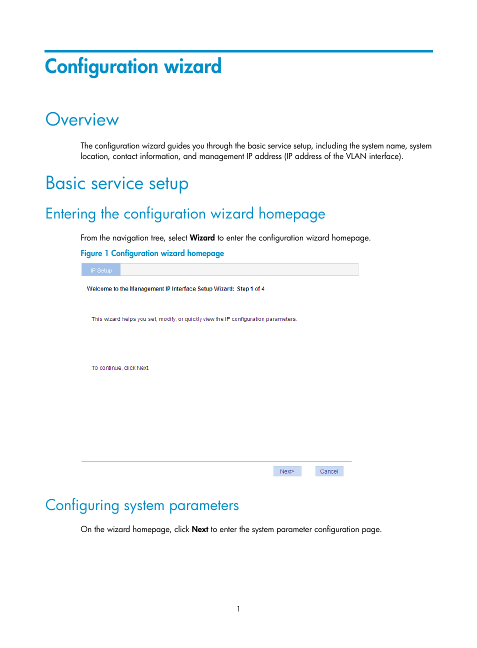 Configuration wizard, Overview, Basic service setup | Configuring system parameters, Entering the configuration wizard homepage | H3C Technologies H3C WX3000E Series Wireless Switches User Manual | Page 14 / 459