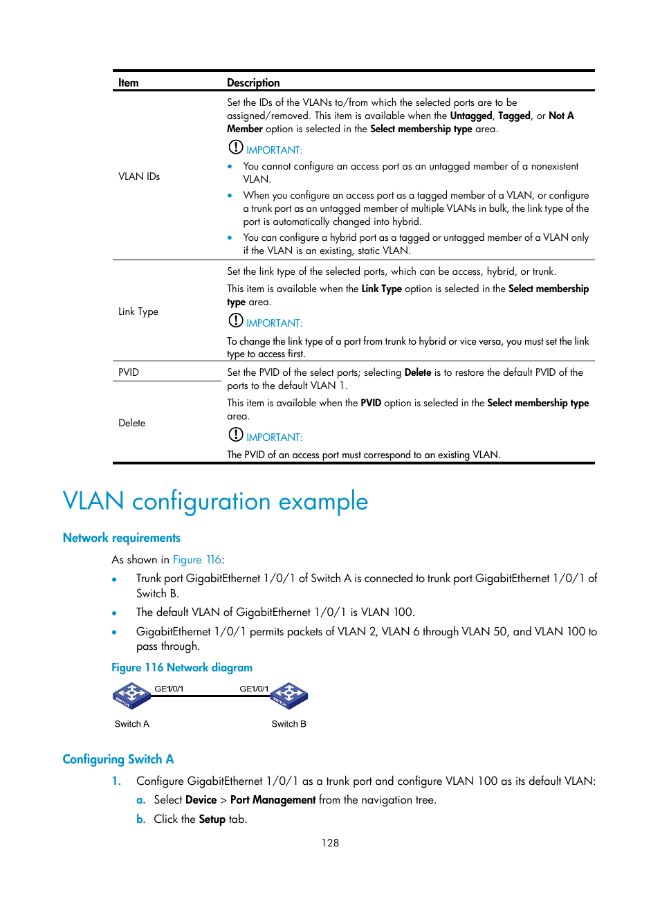 Vlan configuration example, Network requirements, Configuring switch a | H3C Technologies H3C WX3000E Series Wireless Switches User Manual | Page 141 / 459