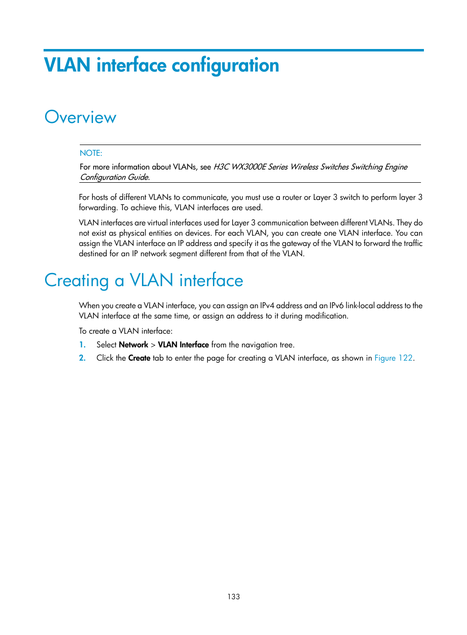 Vlan interface configuration, Overview, Creating a vlan interface | H3C Technologies H3C WX3000E Series Wireless Switches User Manual | Page 146 / 459