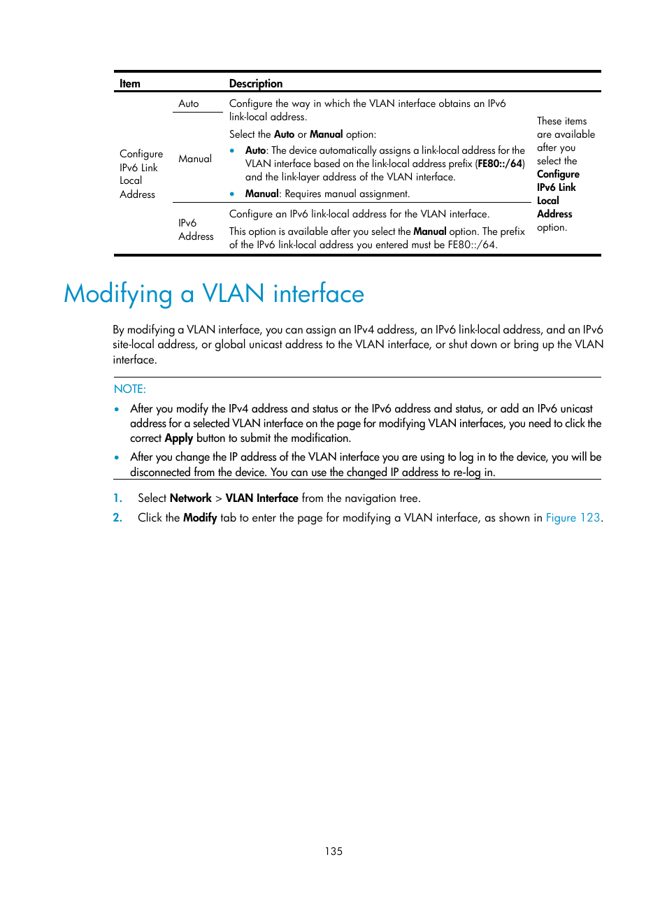 Modifying a vlan interface | H3C Technologies H3C WX3000E Series Wireless Switches User Manual | Page 148 / 459