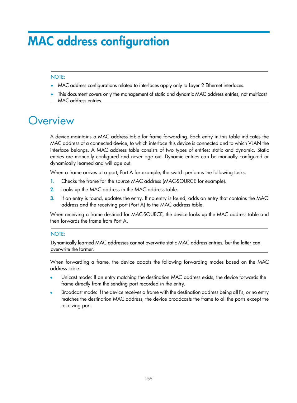 Mac address configuration, Overview | H3C Technologies H3C WX3000E Series Wireless Switches User Manual | Page 168 / 459