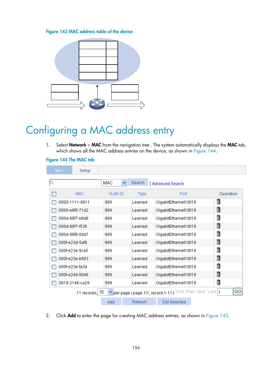 Configuring a mac address entry | H3C Technologies H3C WX3000E Series Wireless Switches User Manual | Page 169 / 459