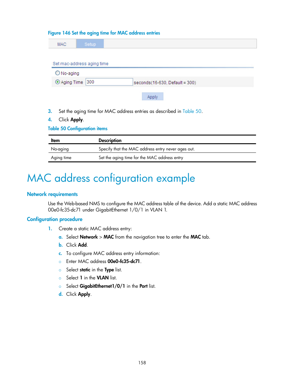 Mac address configuration example, Network requirements, Configuration procedure | Figure 146 | H3C Technologies H3C WX3000E Series Wireless Switches User Manual | Page 171 / 459