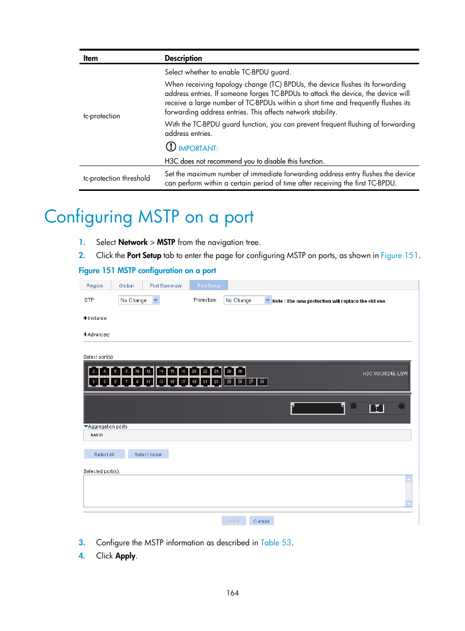 Configuring mstp on a port | H3C Technologies H3C WX3000E Series Wireless Switches User Manual | Page 177 / 459