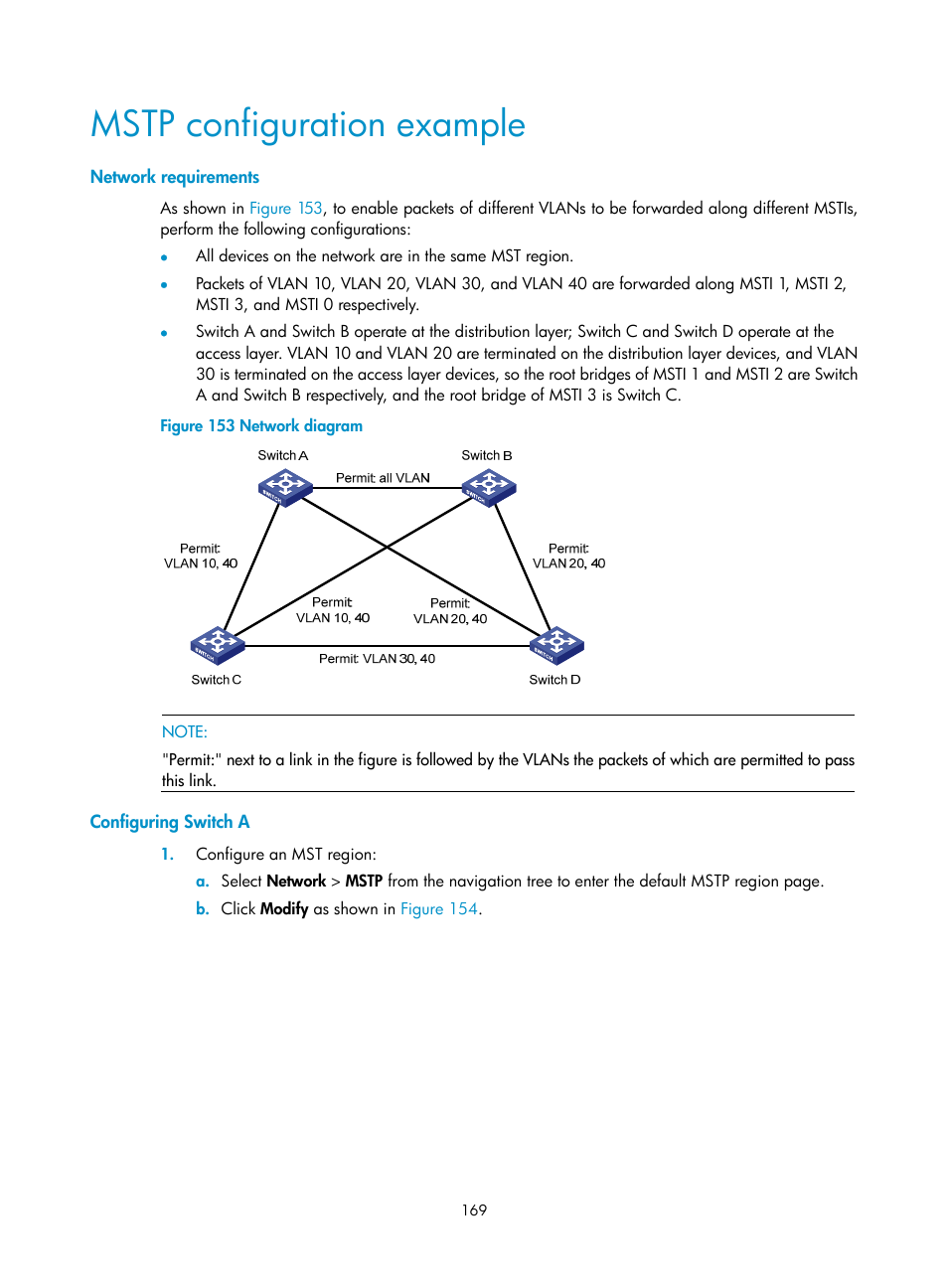 Mstp configuration example, Network requirements, Configuring switch a | H3C Technologies H3C WX3000E Series Wireless Switches User Manual | Page 182 / 459